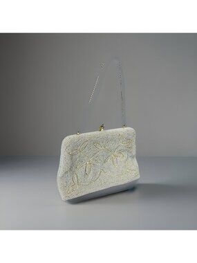 VTG Glass Hand Beaded Clutch Evening Bag Wedding 60’s Hide Away Gold Strap Japan